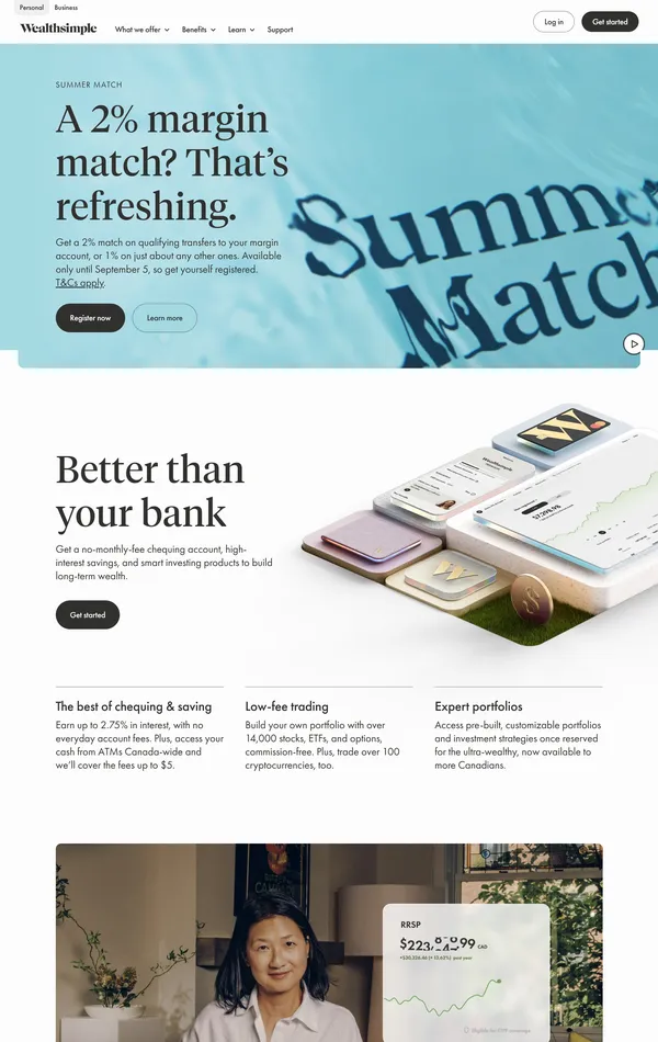 Главная Wealthsimple, тематика — Финансы, цвета — Белый, Серый, стиль — Корпоративный, типографика — Без засечек