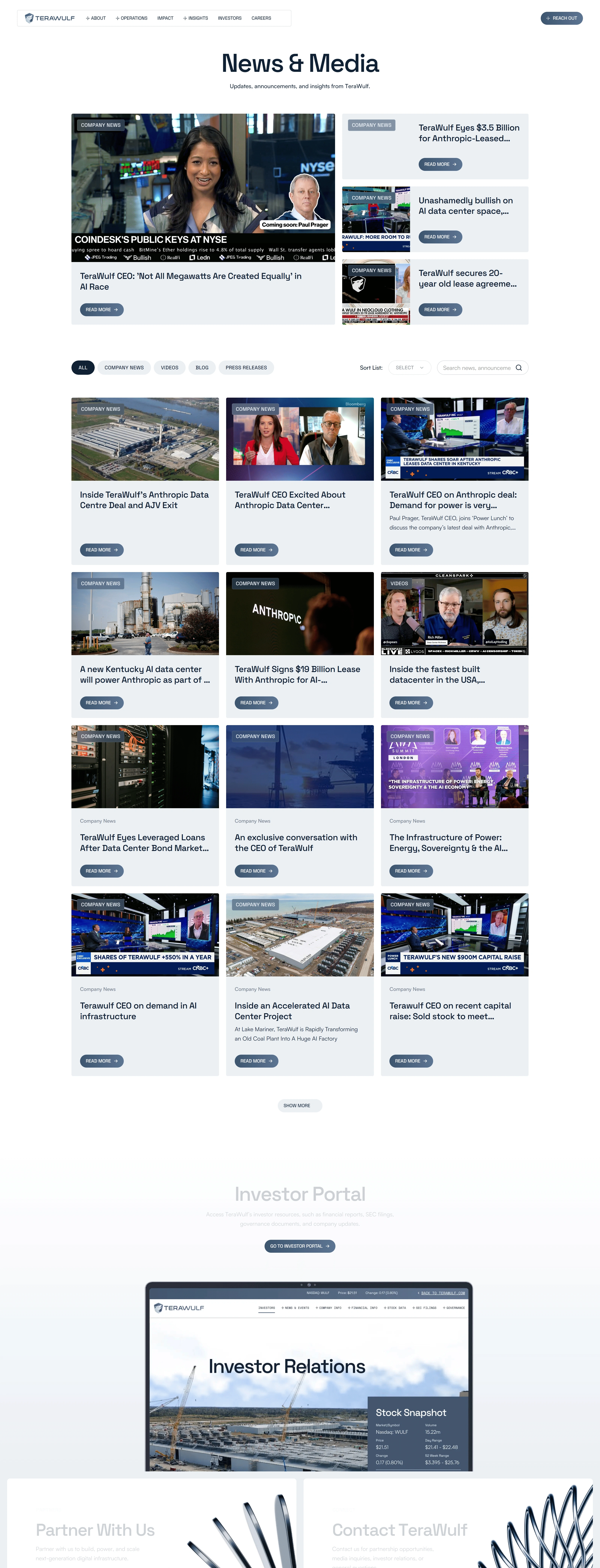 TeraWulf Новости TeraWulf, тематика — Другое, цвета — Белый, Серый, стиль — Корпоративный, Карточный, Минимализм, типографика — Без засечек