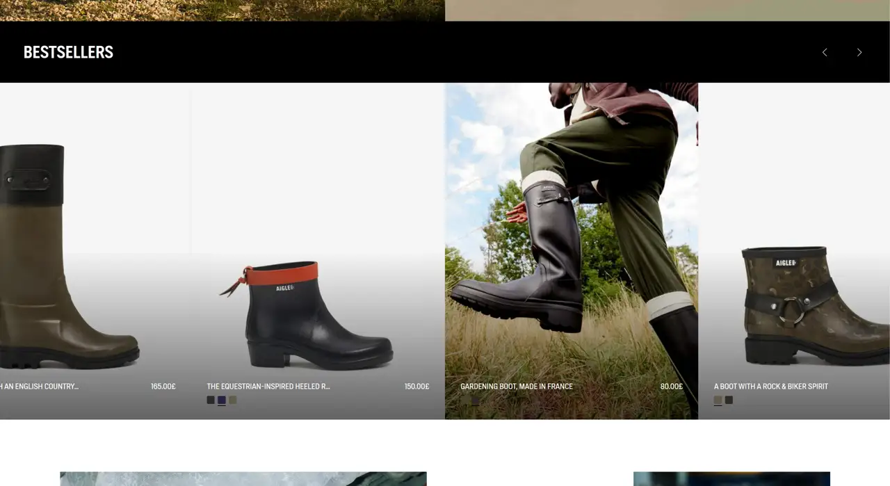 Секция «Товары» с сайта https://www.aigle.com/uk/en, тематика — Одежда, цвета — Белый, Черный, Серый, стиль — Минимализм, Органический и природный, типографика — Без засечек