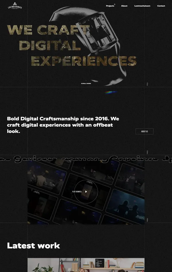 Портфолио Lostmechanics, тематика — Агентство , цвета — Черный, Серый, стиль — Корпоративный, Фестивальный, Типографика, типографика — Без засечек, Декоративные