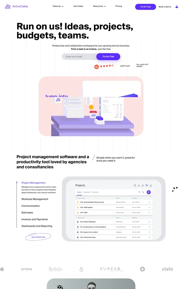 Главная ActiveCollab, тематика — IT и программное обеспечение, цвета — Белый, стиль — Корпоративный, Минимализм, типографика — Без засечек