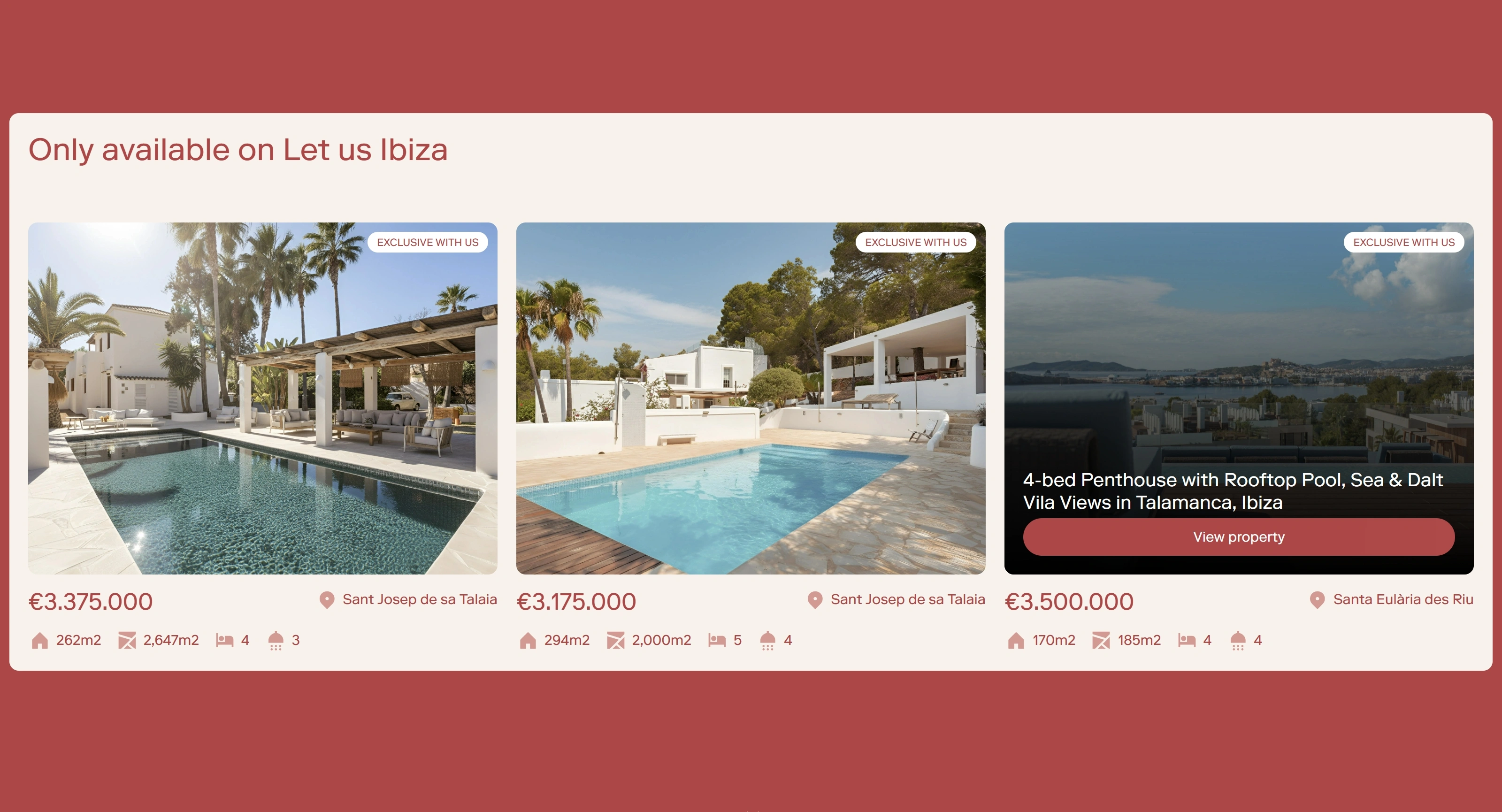 Let Us Ibiza Секция «Товары» с сайта https://letusibiza.com/, тематика — Путешествия и туризм, цвета — Белый, Серый, Красный, стиль — Карточный, Минимализм, типографика — Без засечек