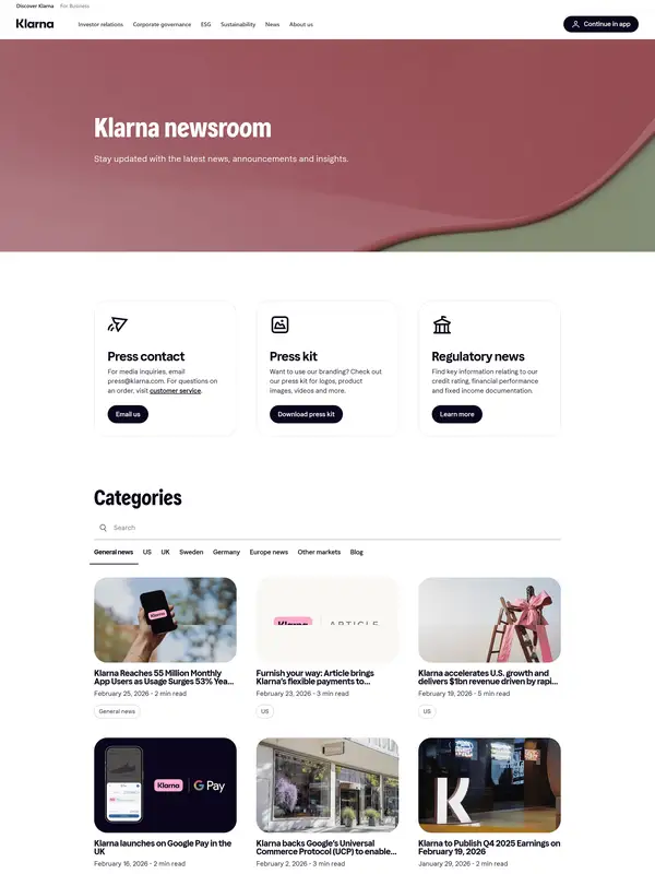 Новости Klarna, тематика — Интернет-магазин, SaaS, цвета — Белый, Черный, Серый, стиль — Корпоративный, Минимализм, типографика — Без засечек