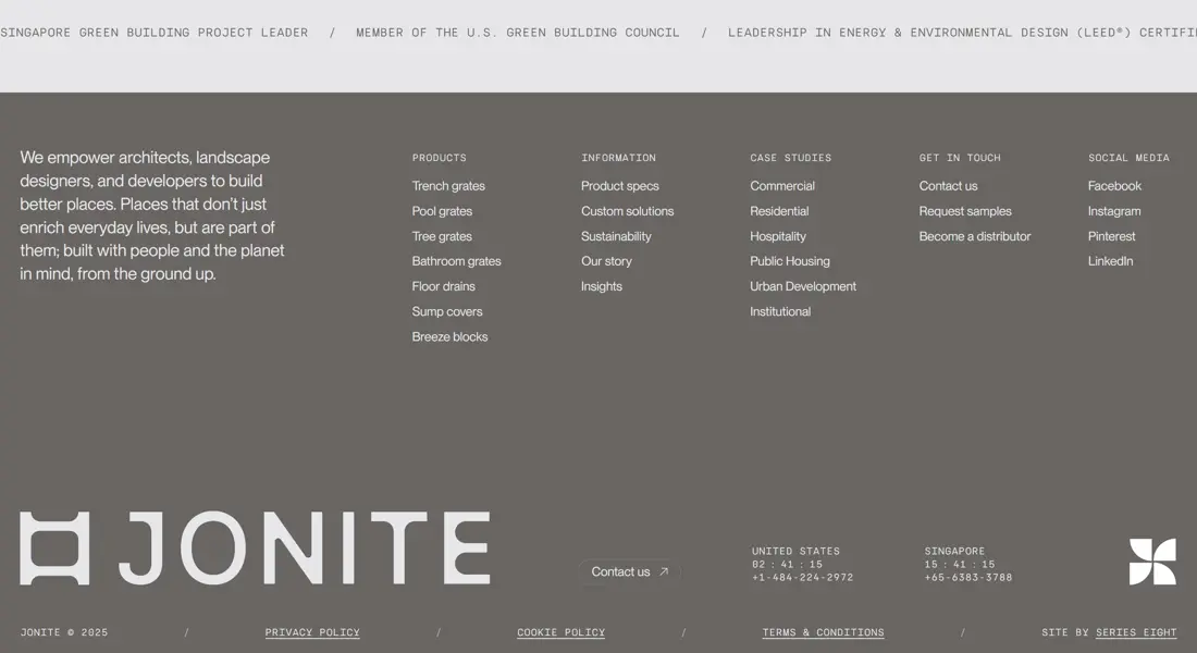 Секция «Контакты» с сайта https://www.jonite.com/, тематика — Строительство, цвета — Белый, Серый, стиль — Корпоративный, Минимализм, типографика — Без засечек