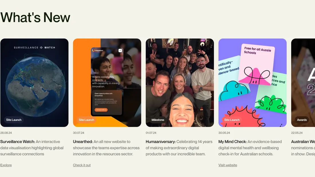 Секция «Новости» с сайта https://www.humaan.com/, тематика — Дизайн, IT и программное обеспечение, цвета — Белый, Черный, стиль — Минимализм, типографика — Без засечек