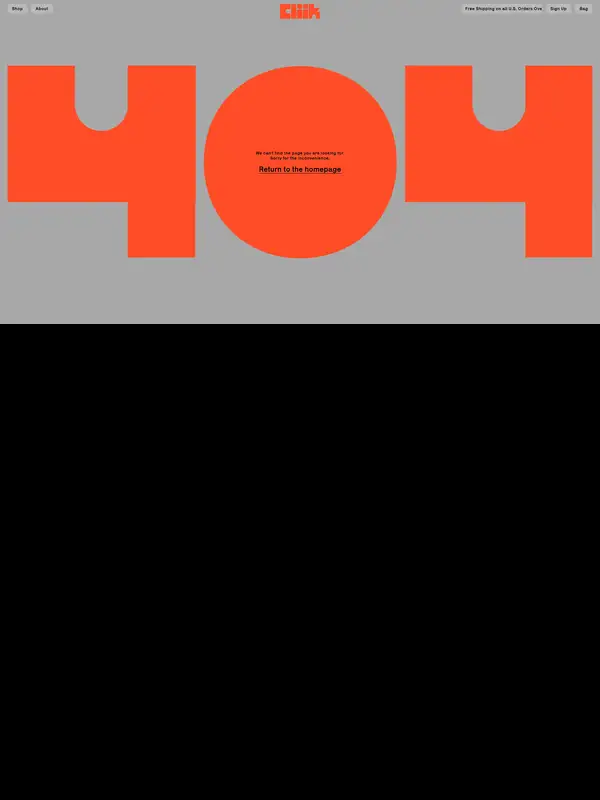 404-страница Cliik, тематика — Интернет-магазин, цвета — Серый, Красный, стиль — Брутализм, типографика — Без засечек, Декоративные
