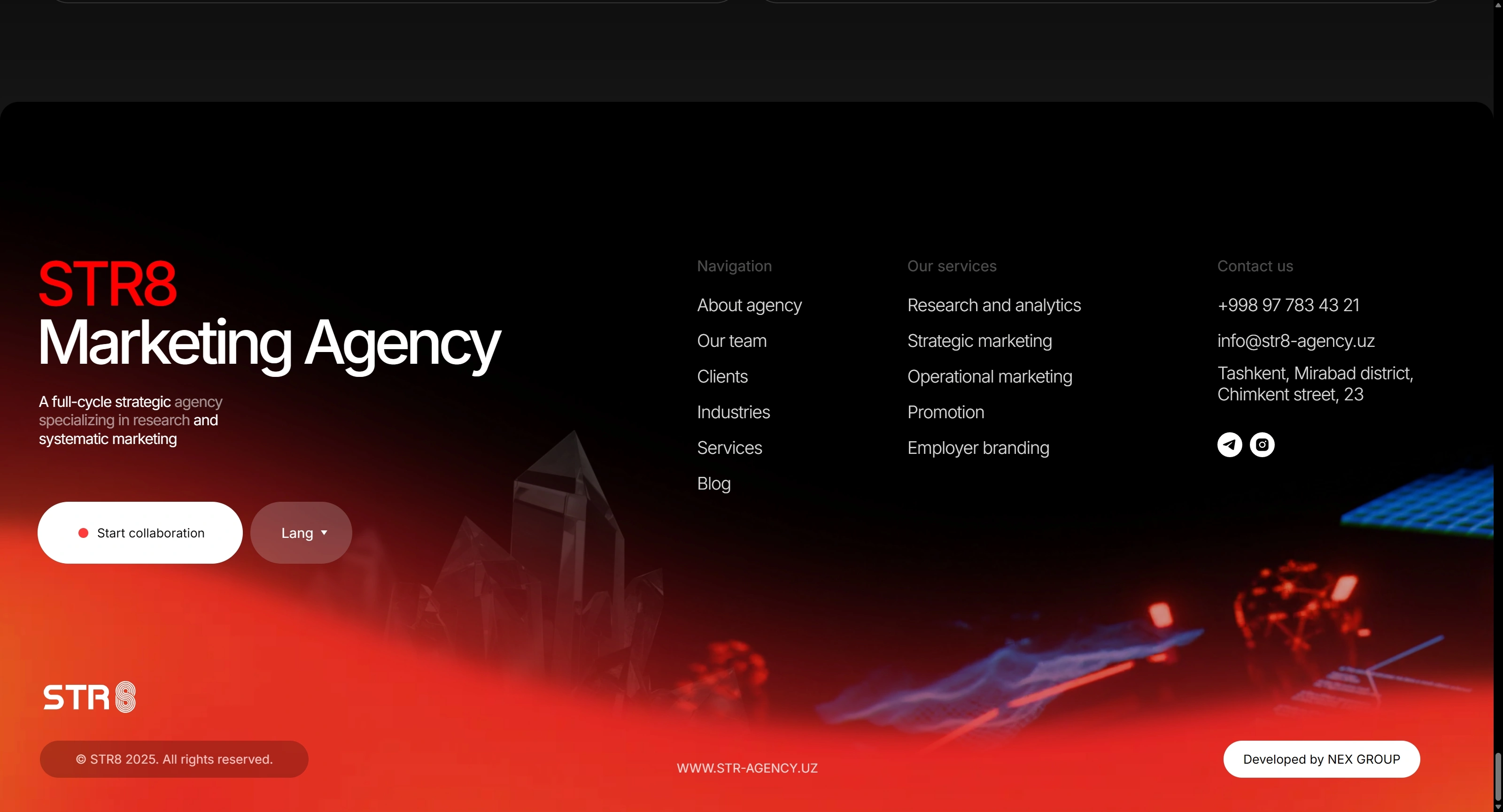 STR8 Секция «Первый экран» с сайта https://str8-agency.uz/en, тематика — Агентство , цвета — Черный, Красный, стиль — Корпоративный, Минимализм, типографика — Без засечек, Декоративные