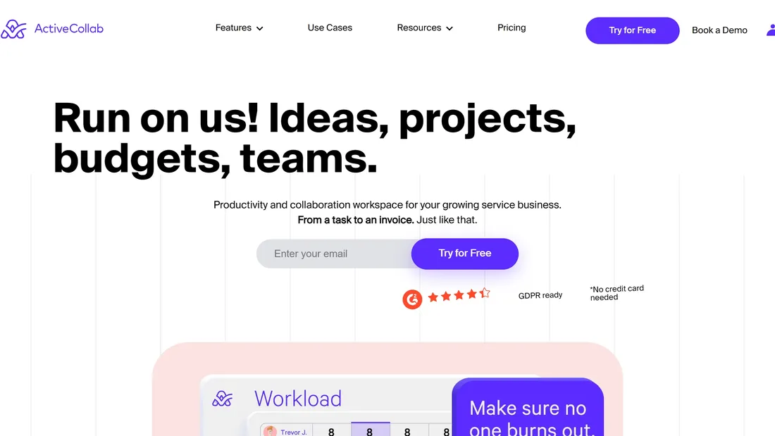 Секция «Первый экран» с сайта https://activecollab.com/, тематика — SaaS, цвета — Белый, стиль — Корпоративный, Минимализм, типографика — Без засечек