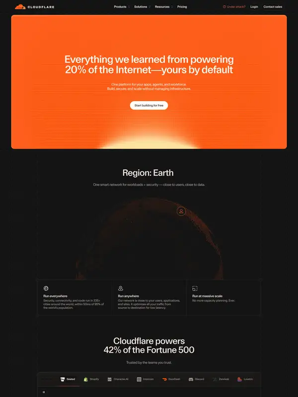 Главная Cloudflare, тематика — IT и программное обеспечение, цвета — Черный, Красный, стиль — Корпоративный, Минимализм, типографика — Без засечек, Моноширинные