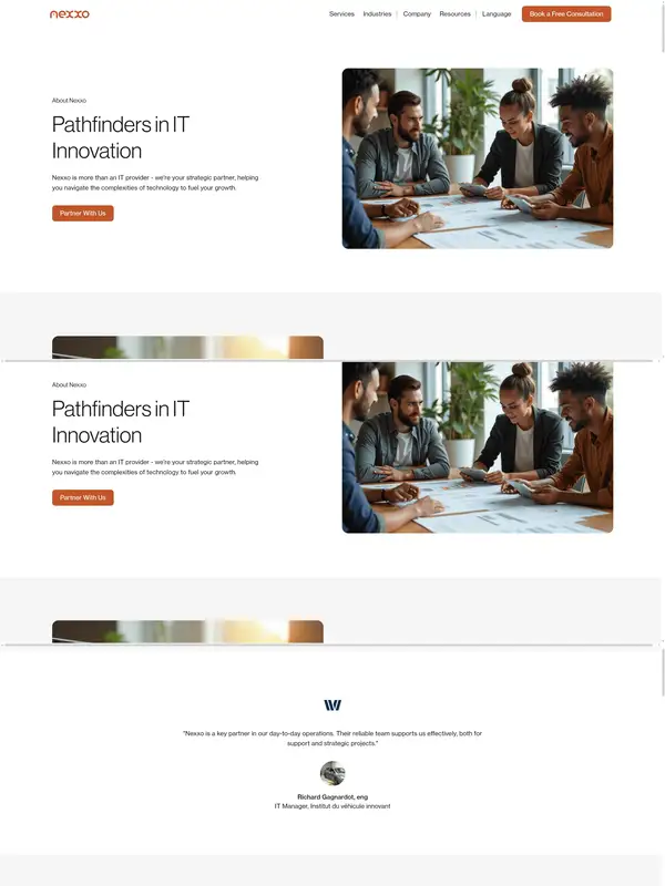 Услуги Nexxo Technologies, тематика — IT и программное обеспечение, цвета — Белый, Серый, стиль — Корпоративный, Минимализм, типографика — Без засечек