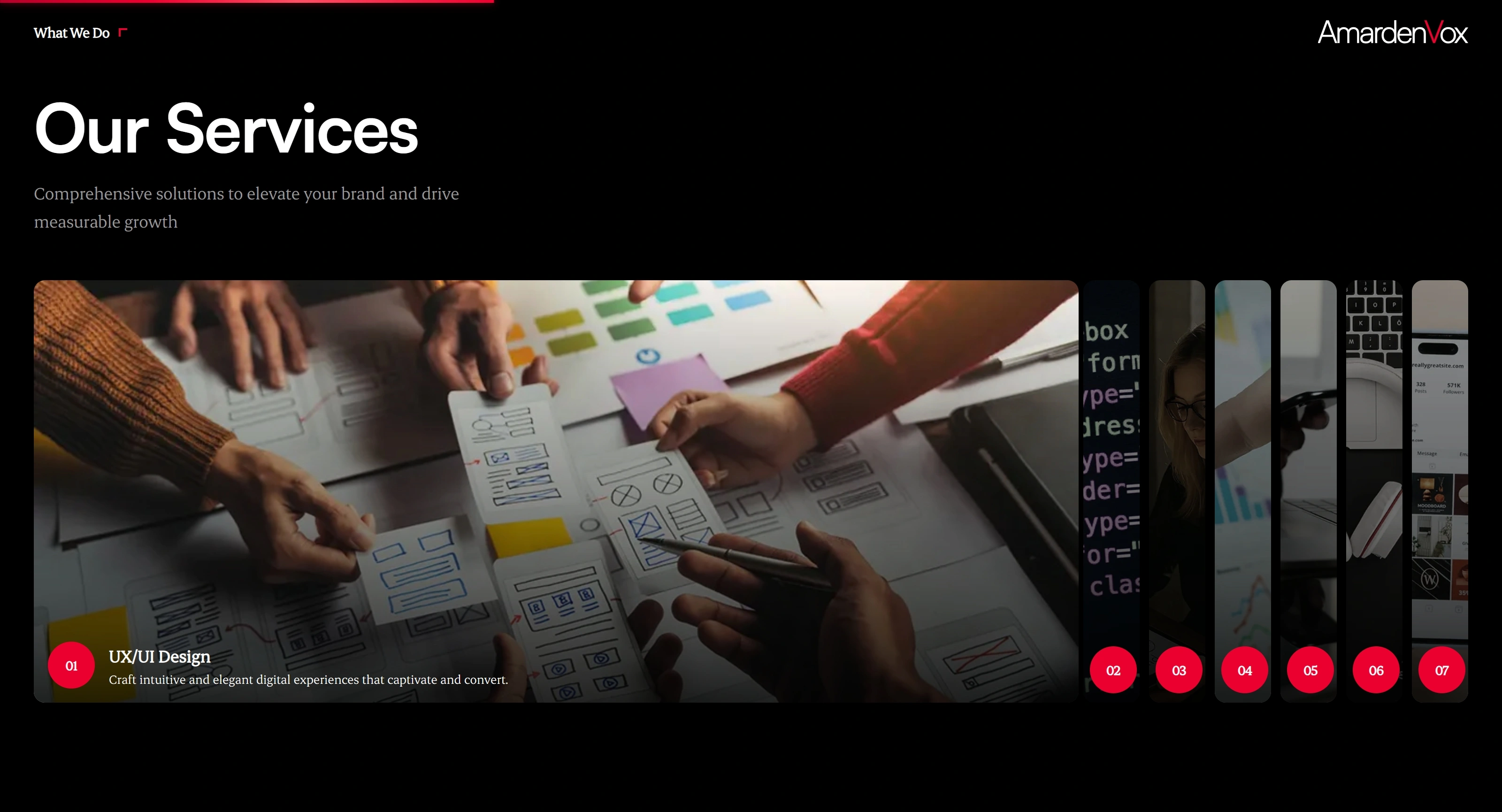 Full-stack digital marketing agency Секция «Услуги» с сайта https://www.amardenvox.com/, тематика — Агентство , цвета — Черный, Серый, стиль — Корпоративный, Карточный, типографика — Без засечек
