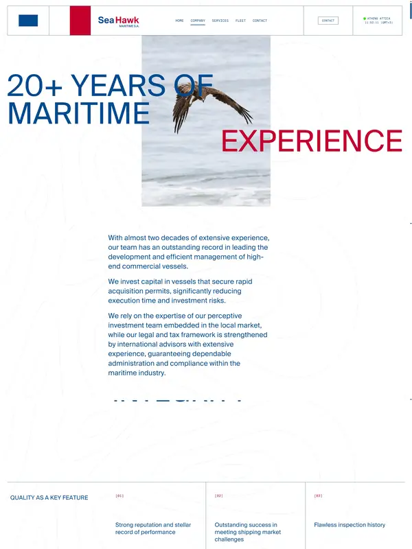 Страница о компании SeaHawk Maritime, тематика — Логистика, цвета — Белый, Серый, Синий, стиль — Корпоративный, Минимализм, типографика — Без засечек