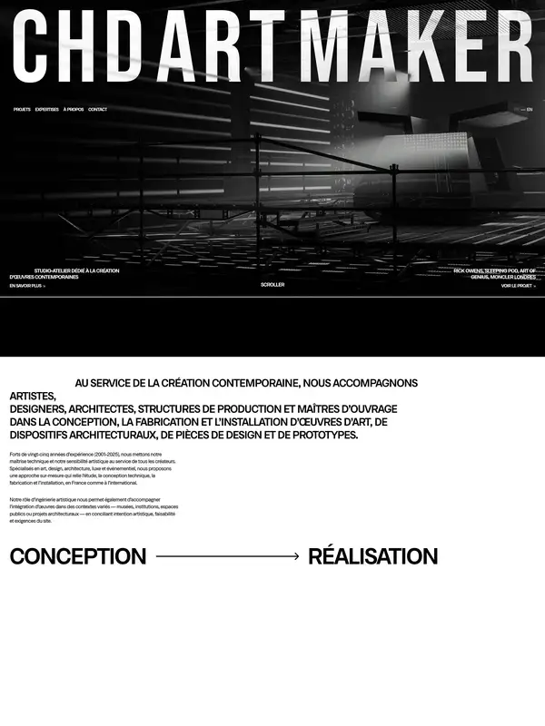 Лендинг CHD ART MAKER, тематика — Искусство, цвета — Белый, Черный, Серый, стиль — Минимализм, Брутализм, типографика — Без засечек, Декоративные