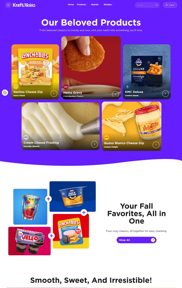 Страница о компании Kraft Heinz, тематика — Еда и напитки, цвета — Белый, Серый, Фиолетовый, стиль — Фестивальный, типографика — Без засечек