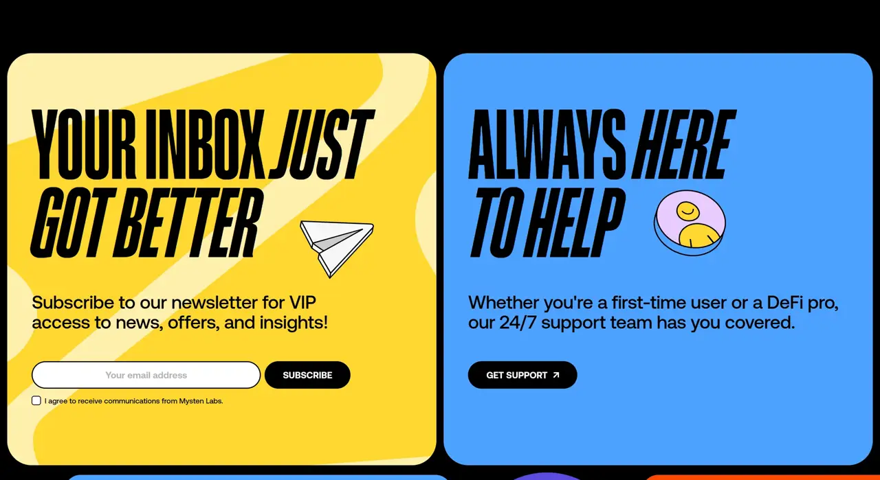 Секция «Призыв к действию» с сайта https://slush.app/, тематика — Крипто  и блокчейн, цвета — Черный, Синий, Желтый, стиль — Карточный, Брутализм, типографика — Без засечек, Декоративные