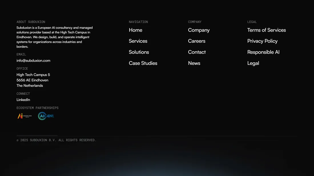 Секция «О компании» с сайта https://subduxion.com/, тематика — Бизнес и профессиональные услуги, цвета — Черный, стиль — Корпоративный, Минимализм, типографика — Без засечек