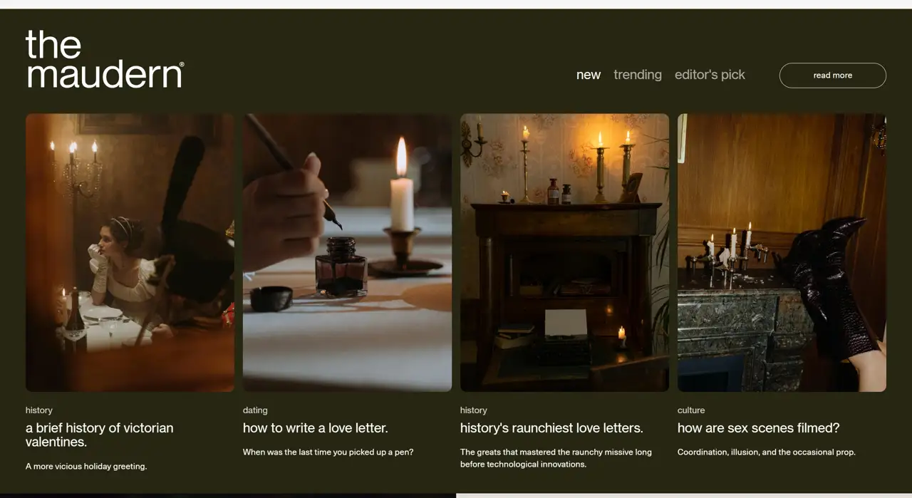 Секция «Контент» с сайта https://getmaude.com/, тематика — Интернет-магазин, Здоровье и фитнес, цвета — Черный, Коричневый, стиль — Карточный, типографика — Без засечек