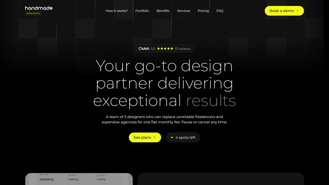 Секция «Первый экран» с сайта https://subscription.handmade.company/, тематика — Дизайн, цвета — Черный, стиль — Минимализм, типографика — Без засечек