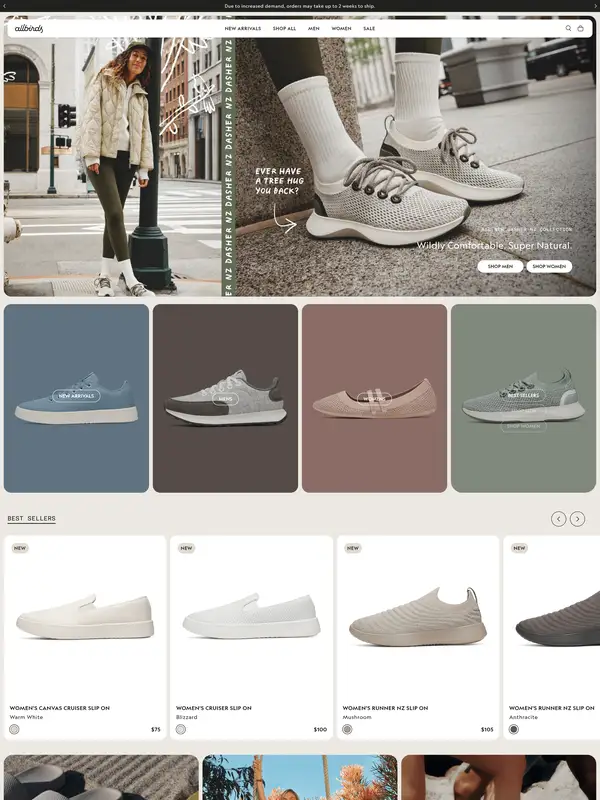 Главная Allbirds, тематика — Одежда, цвета — Белый, Черный, Серый, стиль — Карточный, Минимализм, Органический и природный, типографика — Без засечек