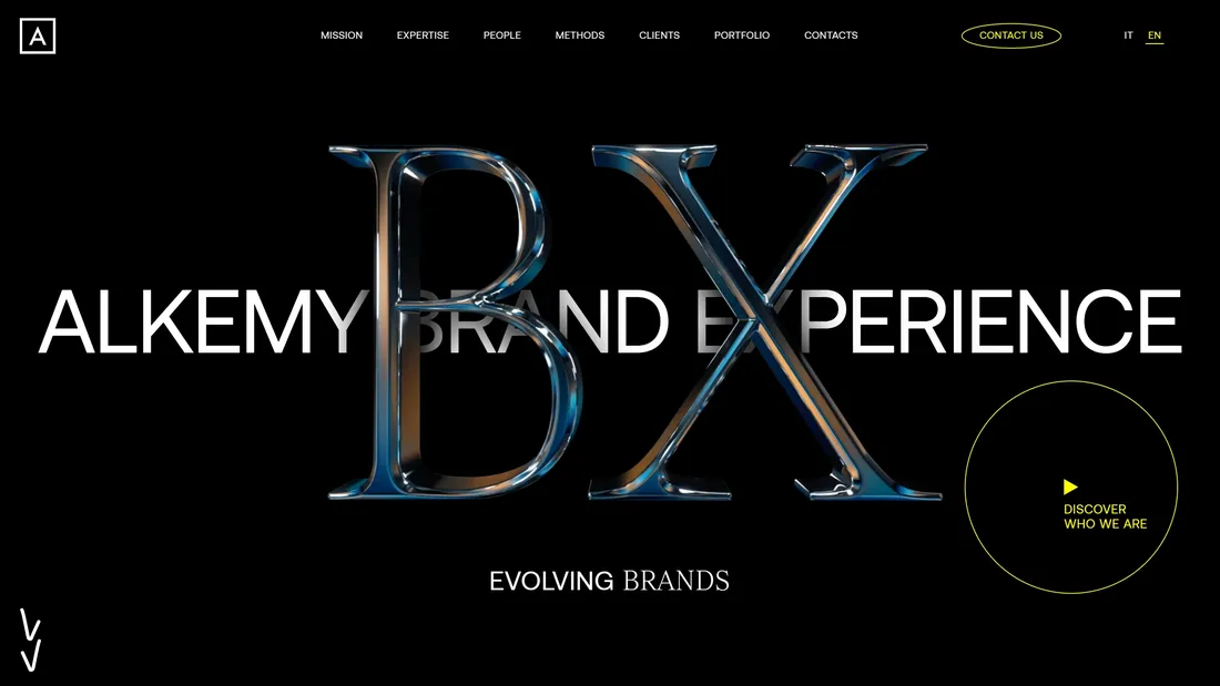 Секция «Первый экран» с сайта https://bx.alkemy.com/en/, тематика — Агентство , цвета — Черный, стиль — Фестивальный, Минимализм, Полигональный, типографика — Без засечек, Декоративные