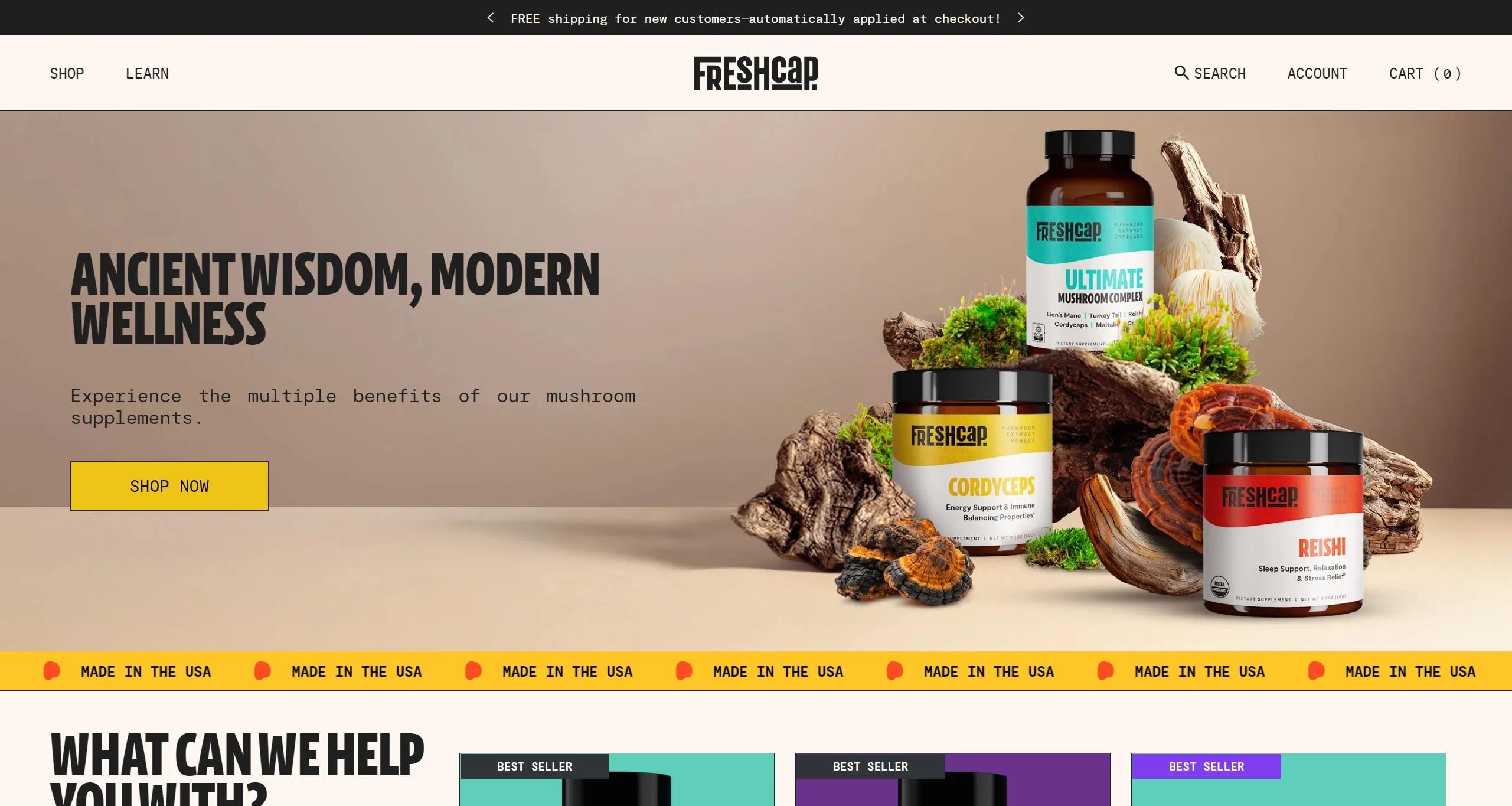 FreshCap Секция «Призыв к действию» с сайта https://freshcap.com/, тематика — Интернет-магазин, Здоровье и фитнес, цвета — Белый, Серый, стиль — Брутализм, типографика — Без засечек