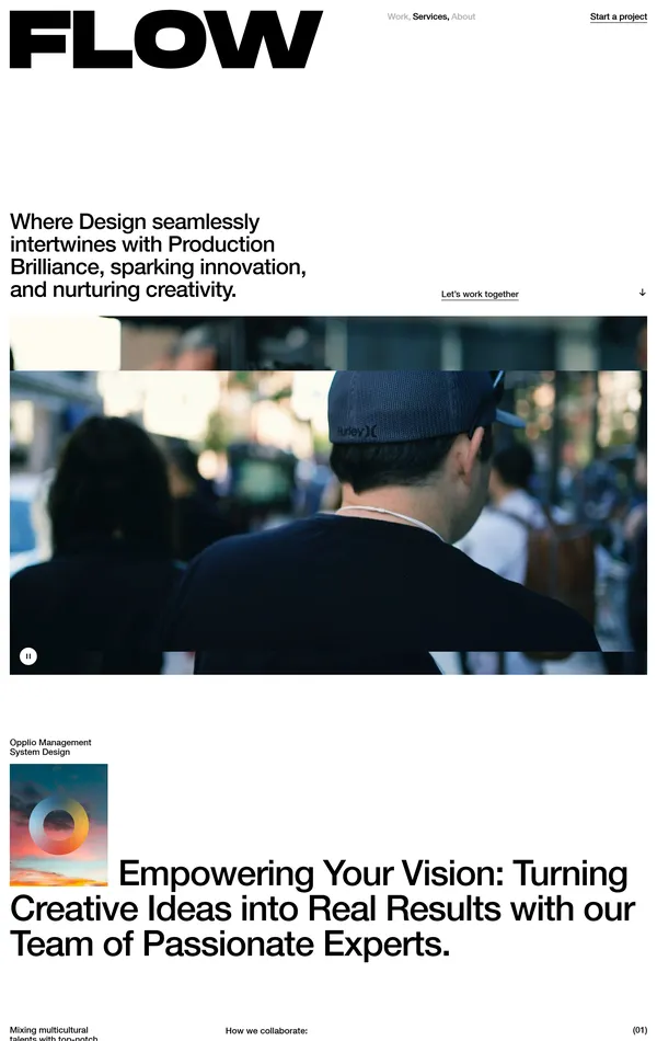 Услуги Flow, тематика — Дизайн, цвета — Белый, Черный, Серый, стиль — Корпоративный, Минимализм, типографика — Без засечек