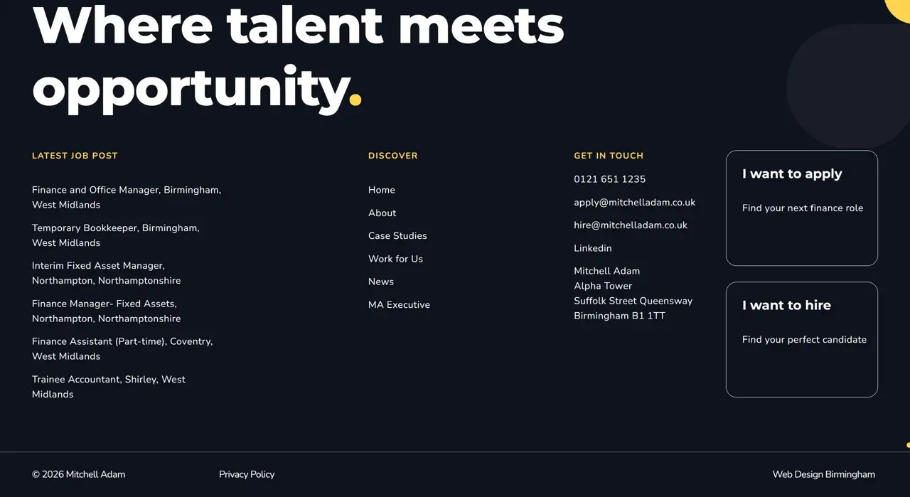 Секция «Футер» с сайта https://mitchelladam.co.uk/, тематика — Финансы, цвета — Черный, стиль — Корпоративный, Минимализм, типографика — Без засечек