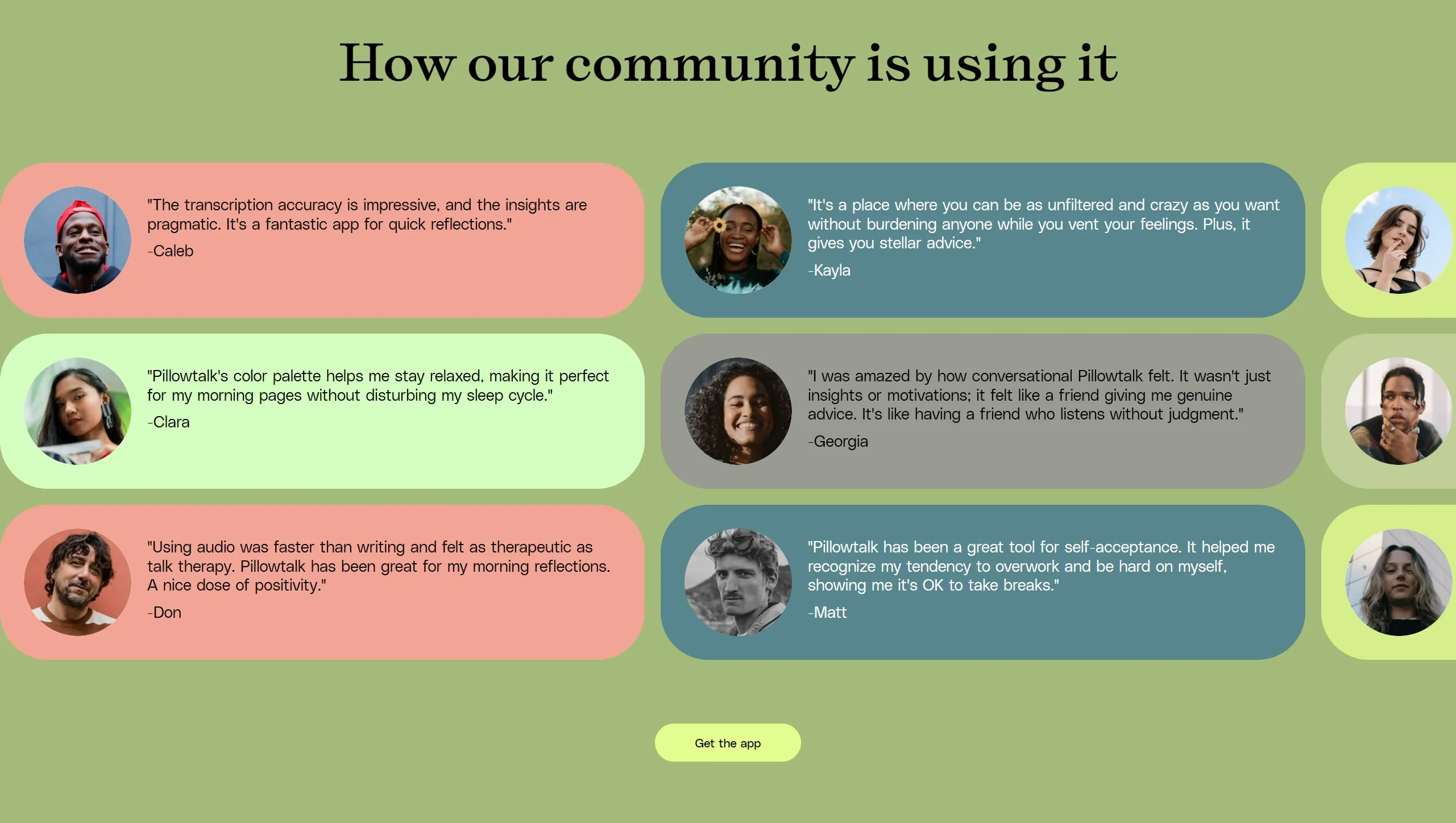 Секция «Отзывы» с сайта https://talkpillowtalk.com/, тематика — Мобильное приложение, цвета — Серый, Розовый, стиль — Корпоративный, типографика — Без засечек