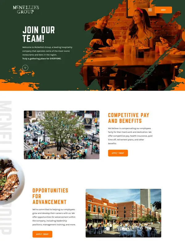 Страница карьеры McNellie's Restaurant Group, тематика — Еда и напитки, цвета — Белый, Черный, Серый, стиль — Корпоративный, Карточный, типографика — Без засечек, Декоративные