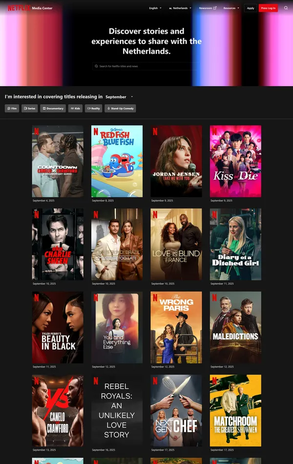 Каталог Netflix, тематика — Медиа, Развлечения, цвета — Черный, Серый, стиль — Корпоративный, типографика — Без засечек