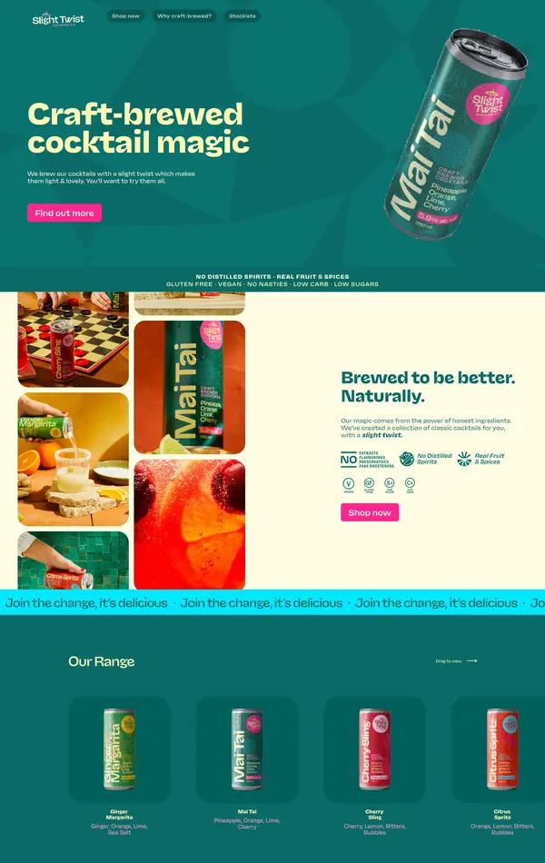 Продукт Slight Twist, тематика — Еда и напитки, цвета — Белый, Красный, Зеленый, стиль — Фестивальный, типографика — Без засечек