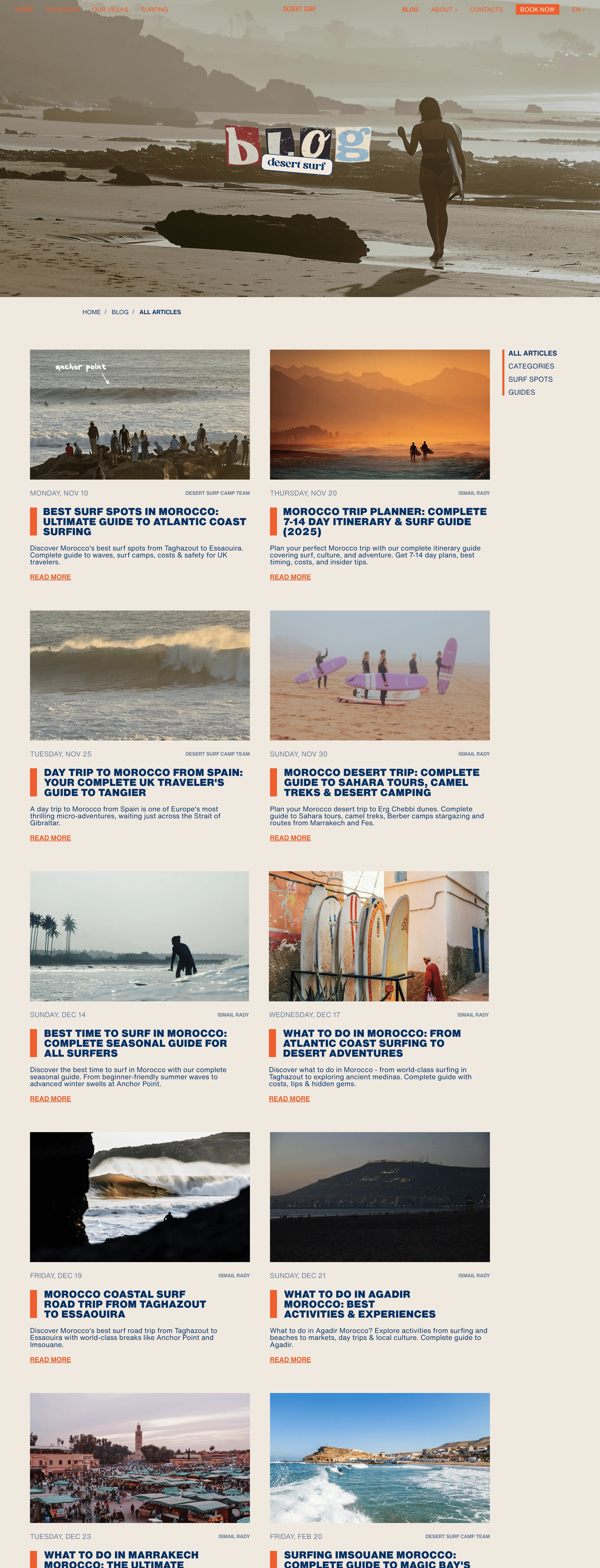 Desert Surf Camp Блог Desert Surf Camp, тематика — Путешествия и туризм, цвета — Белый, Серый, стиль — Карточный, Органический и природный, типографика — Без засечек, Декоративные
