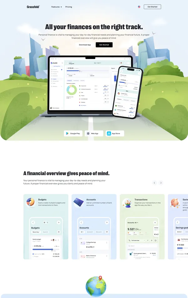 Главная Grassfeld, тематика — Финансы, цвета — Белый, стиль — Корпоративный, типографика — Без засечек