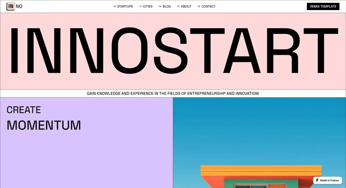 Секция «Первый экран» с сайта https://innostart.framer.website/, тематика — Образование, цвета — Белый, Синий, стиль — Типографика, Брутализм, типографика — Без засечек