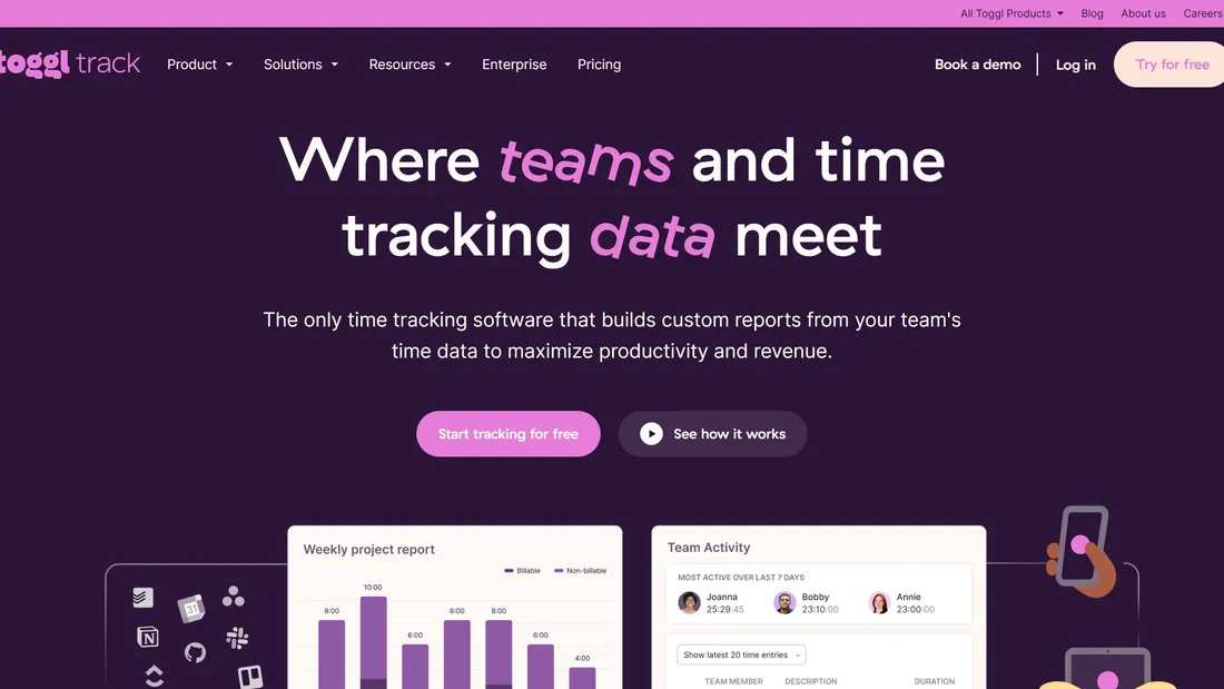 Секция «Первый экран» с сайта https://toggl.com/, тематика — IT и программное обеспечение, цвета — Белый, Черный, Серый, стиль — Корпоративный, типографика — Без засечек