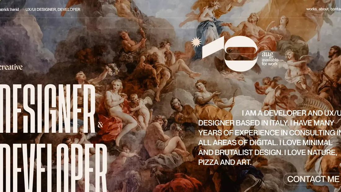 Секция «Первый экран» с сайта https://bepatrickdavid.com/, тематика — Дизайн, цвета — Черный, Серый, Коричневый, стиль — Типографика, Брутализм, типографика — Без засечек