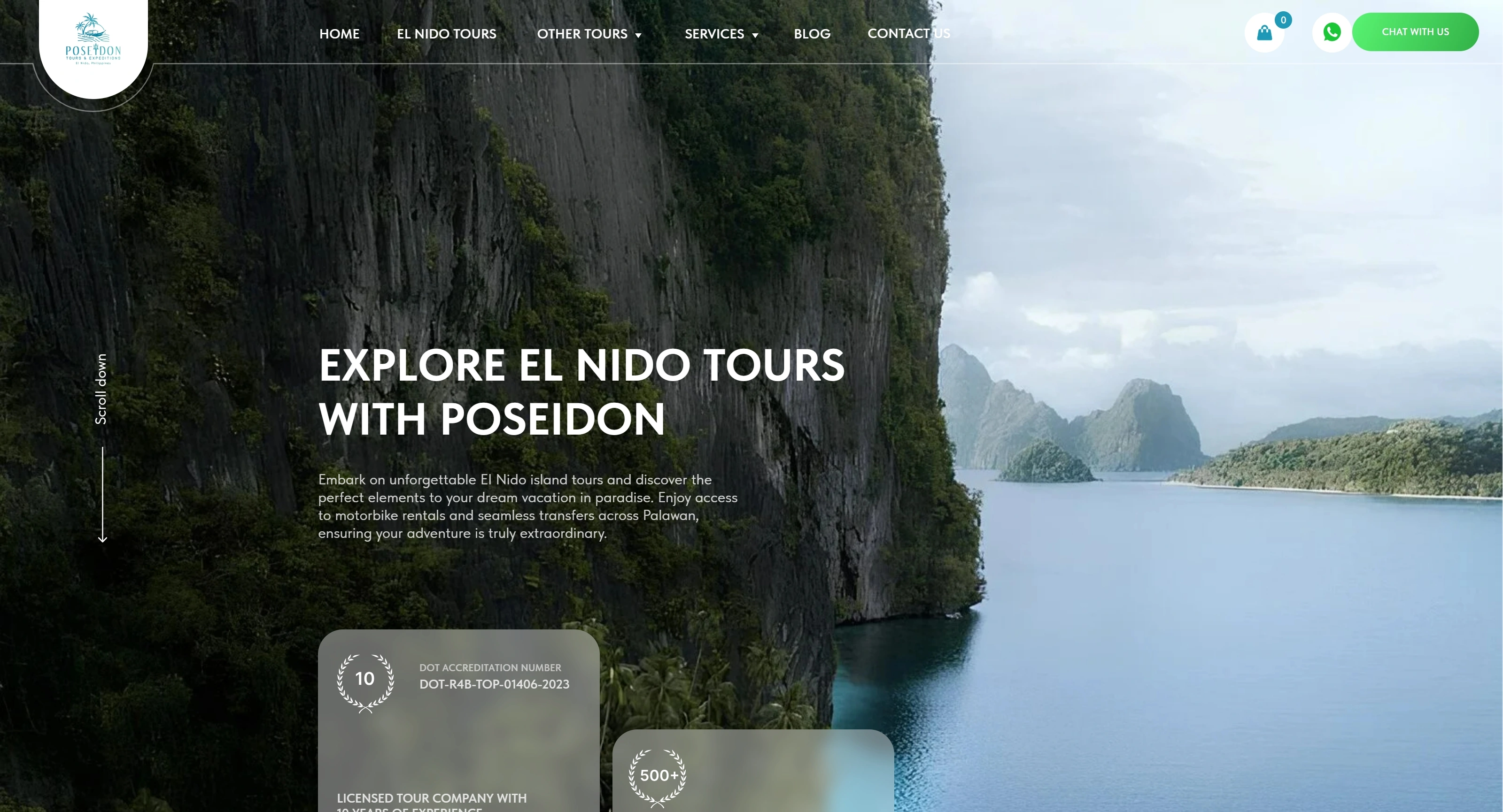 Poseidon El Nido Секция «Первый экран» с сайта https://poseidonelnido.com/, тематика — Путешествия и туризм, цвета — Белый, Черный, Серый, стиль — Минимализм, Органический и природный, типографика — Без засечек