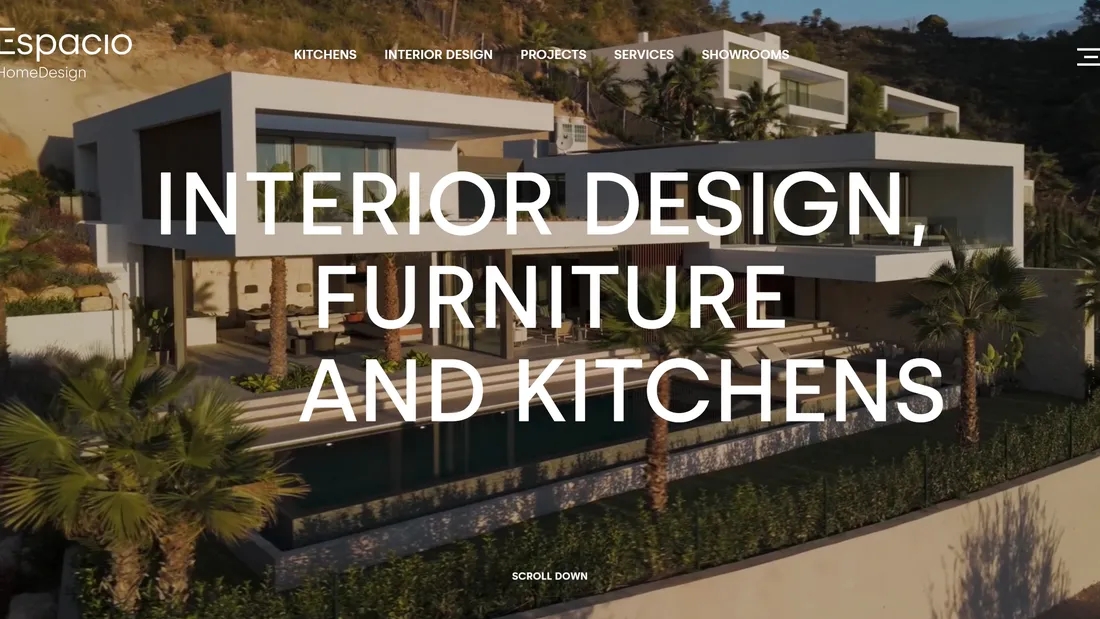 Секция «Первый экран» с сайта https://espaciohomedesign.com/en, тематика — Дизайн, цвета — Черный, Серый, Коричневый, стиль — Фестивальный, Минимализм, типографика — Без засечек